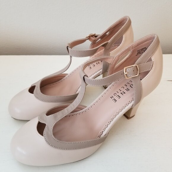 Vintage Style Round Toe T-Strap Two Tone Nude Ladies Heels Size 7 1/2 Brand New - Picture 5 of 11